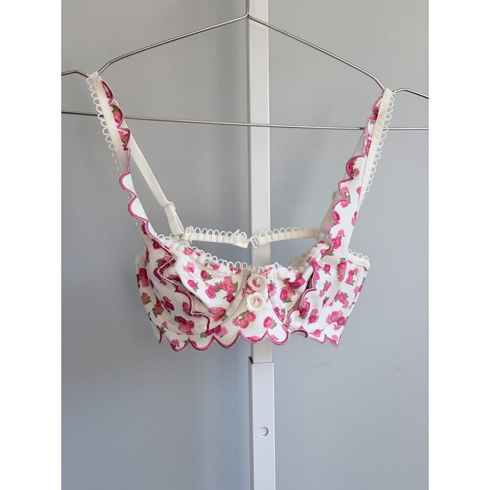 For Love & Lemons White Pink Rose Print Scalloped Underwire Bralette XS